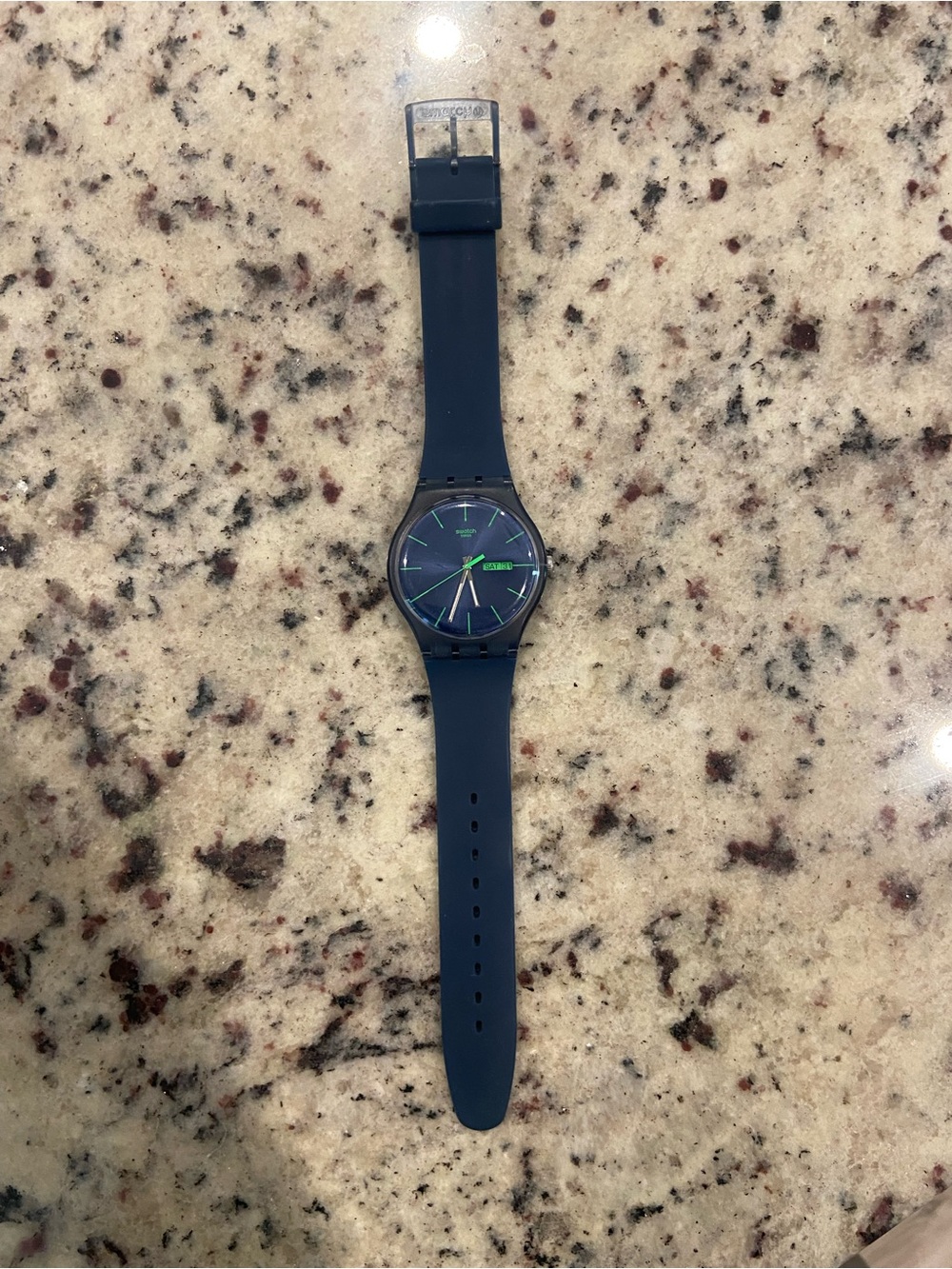 Swiss Swatch BLUE REBEL Men's Navy Blue Silicone Strap Watch with Green Accents